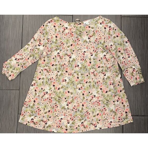 J Jill Love Linen Tunic Top Petite Small Pink Floral 3/4 Sleeve Boat Neck - Picture 1 of 6